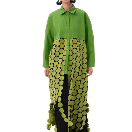 Load image into Gallery viewer, Women White Dot Tassels Hollow Out Midi Big Size Shirt Dress New Lapel Long Sleeve Fashion Tide Spring Autumn 2025 1DH9464
