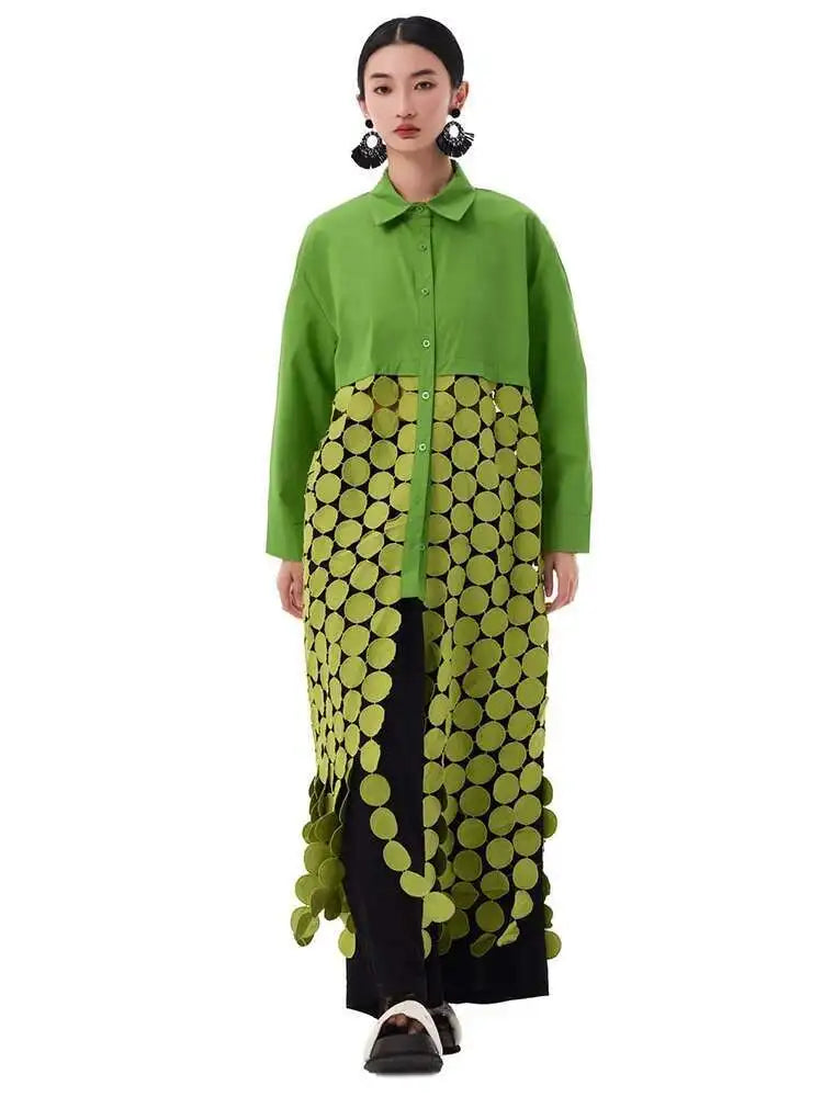 Women White Dot Tassels Hollow Out Midi Big Size Shirt Dress New Lapel Long Sleeve Fashion Tide Spring Autumn 2025 1DH9464