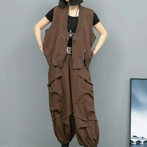 Load image into Gallery viewer, Big Size Coffee Vest Wide Leg Pants Two Piece Suit New V-Neck Sleeveless Women Fashion Tide Spring Autumn 2025 1DH8108
