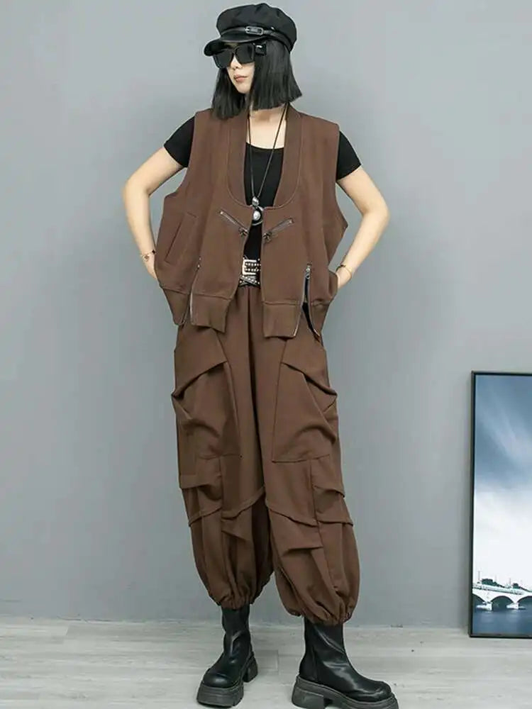 Big Size Coffee Vest Wide Leg Pants Two Piece Suit New V-Neck Sleeveless Women Fashion Tide Spring Autumn 2025 1DH8108