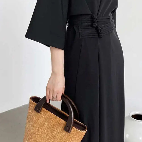 Load image into Gallery viewer, Women Black Buckle Long Elegant Dress New Round Neck Three-quarter Sleeve Loose Fit Fashion Spring Autumn 2025 1DE7880
