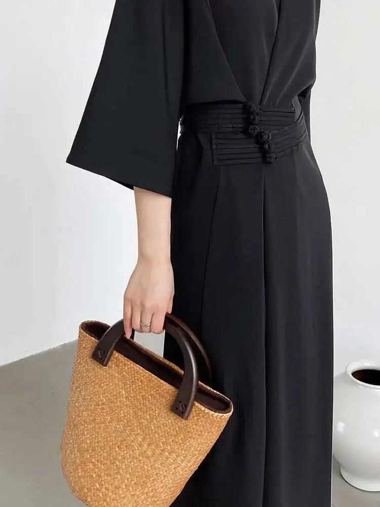 Women Black Buckle Long Elegant Dress New Round Neck Three-quarter Sleeve Loose Fit Fashion Spring Autumn 2025 1DE7880