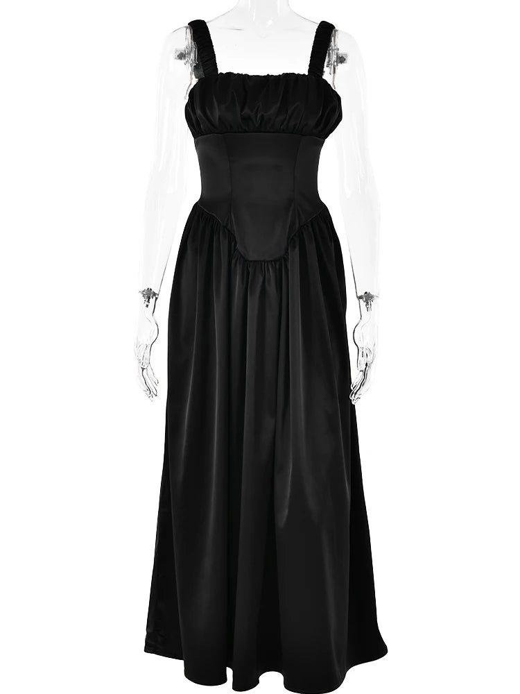 Elegant Sleeveless Satin Bodycon Dress Women's Pleated Slim Fit Long Dress Female Elegance Party Club Street Clothing