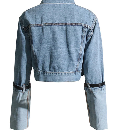 Patchwork Belt Casual Denim Jackets For Women Lapel Long Sleeve Spliced Single Breasted Minimalist Short Jacket Female
