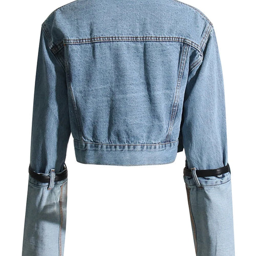 Load image into Gallery viewer, Patchwork Belt Casual Denim Jackets For Women Lapel Long Sleeve Spliced Single Breasted Minimalist Short Jacket Female
