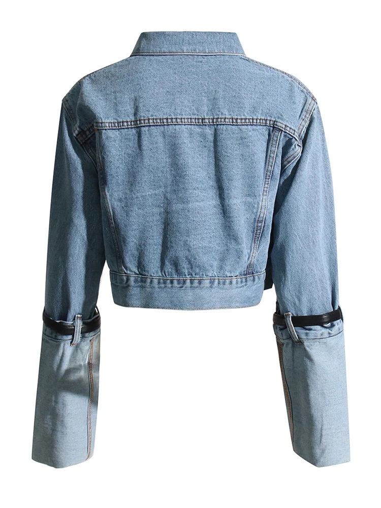 Patchwork Belt Casual Denim Jackets For Women Lapel Long Sleeve Spliced Single Breasted Minimalist Short Jacket Female