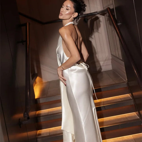 Load image into Gallery viewer, Satin Deep V Neck Backless Sexy Maxi Dress Women Elegant Halter Sleeveless Lace-up High Waist Draped Ruched Long Dress
