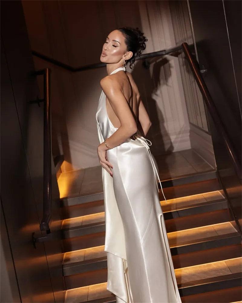 Satin Deep V Neck Backless Sexy Maxi Dress Women Elegant Halter Sleeveless Lace-up High Waist Draped Ruched Long Dress