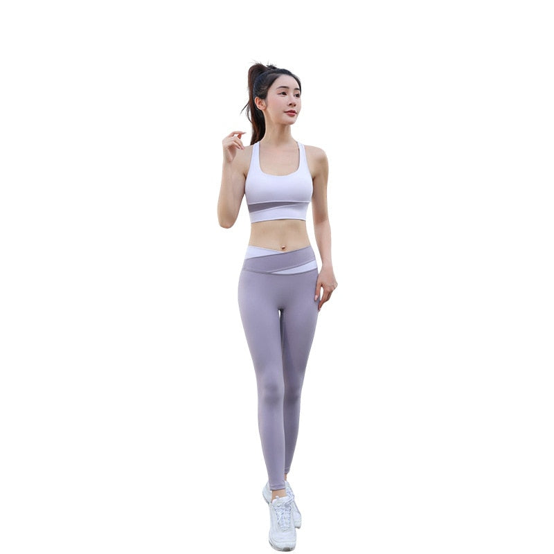 Two Piece Sexy Yoga Set Splicing Seamless Sleeveless Bra Fitness High Waist Sport Pants Gym Workout Outfit Clothes for Women