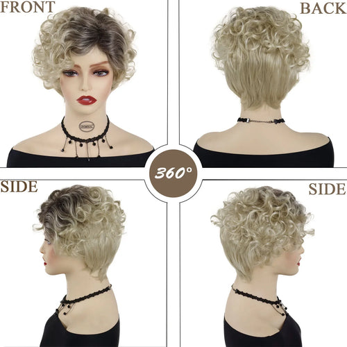 Load image into Gallery viewer, Synthetic Hair Blonde Curly Wig with Bangs Short Haircuts Wig Pixie Cuts with Dark Roots Blond Wigs for Women Mother Gifts Daily
