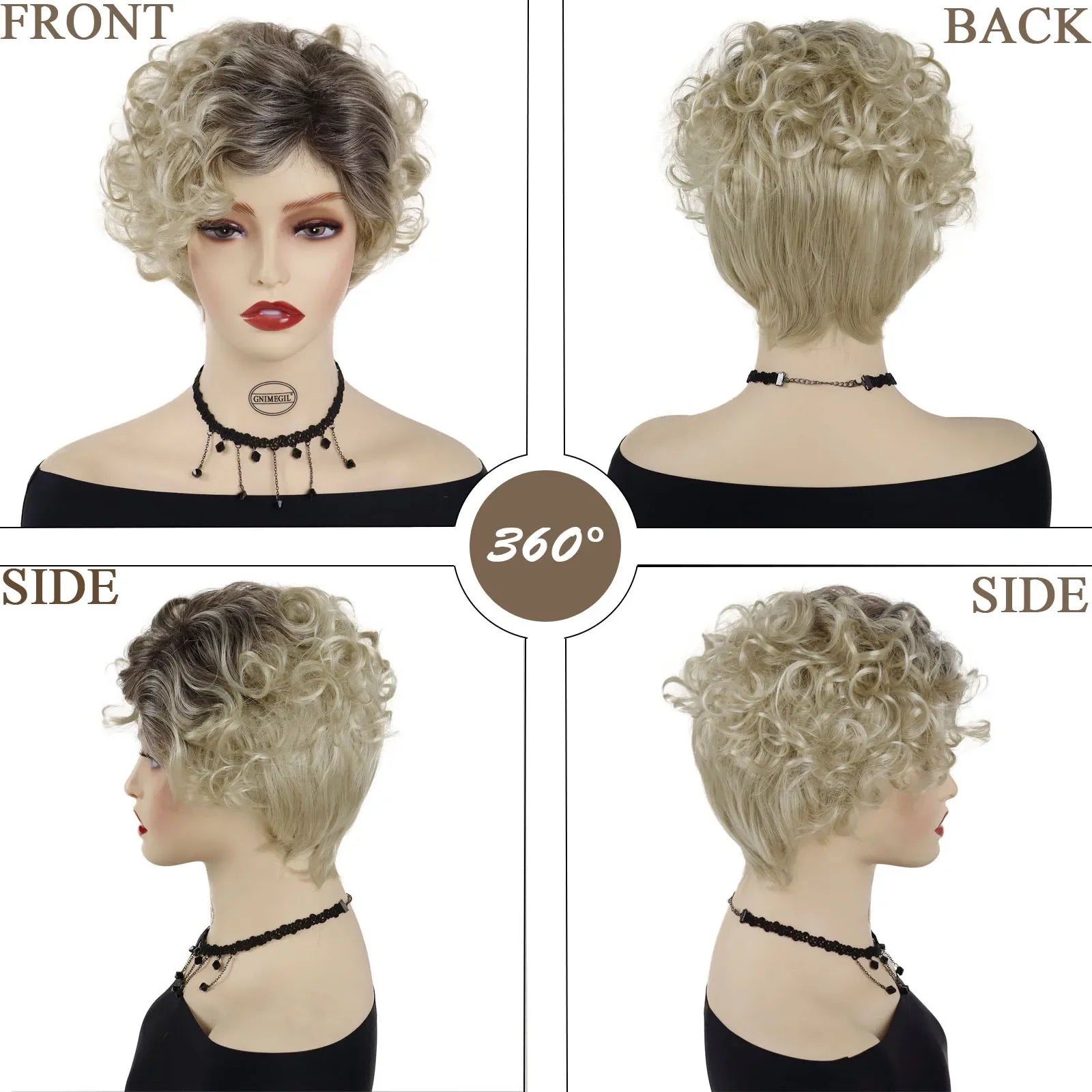 Synthetic Hair Blonde Curly Wig with Bangs Short Haircuts Wig Pixie Cuts with Dark Roots Blond Wigs for Women Mother Gifts Daily