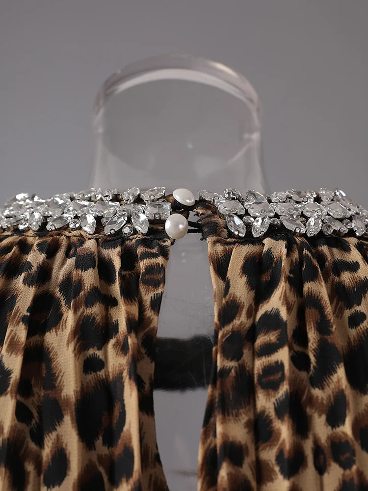 Women Brown Leopard Printed Rhinestones Long Dress New Round Neck Long Sleeve Fashion Tide Spring Autumn 2025 3WM2692