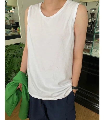 Men's Handsome Sports Vest New Summer Loose Round Neck Korean Pullover Trendy Solid Color Stylish Simple Male Top 9W1613