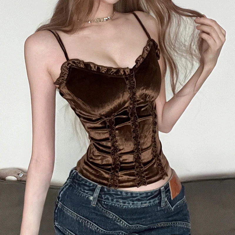 Strap Vintage Brown Velvet Sexy Tops Camis Ruched Harajuku Y2K Ruffles Party Top Female Slim 90s Grunge Stitch Tanks