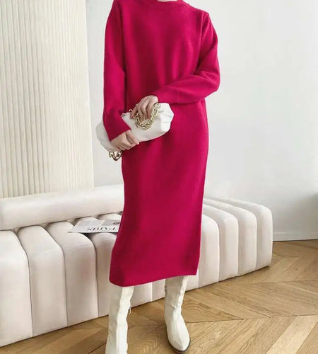 Women Rose Red Casual Midi Elegant Knitting Dress New Round Neck Long Sleeve Fashion Tide Spring Autumn 2025 1DH6450