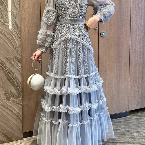 Load image into Gallery viewer, Solid Spliced Bead Luxurious Dresses for Women O Neck Long Sleeves High Waist Sheer Patchwork Fungus Dress Female
