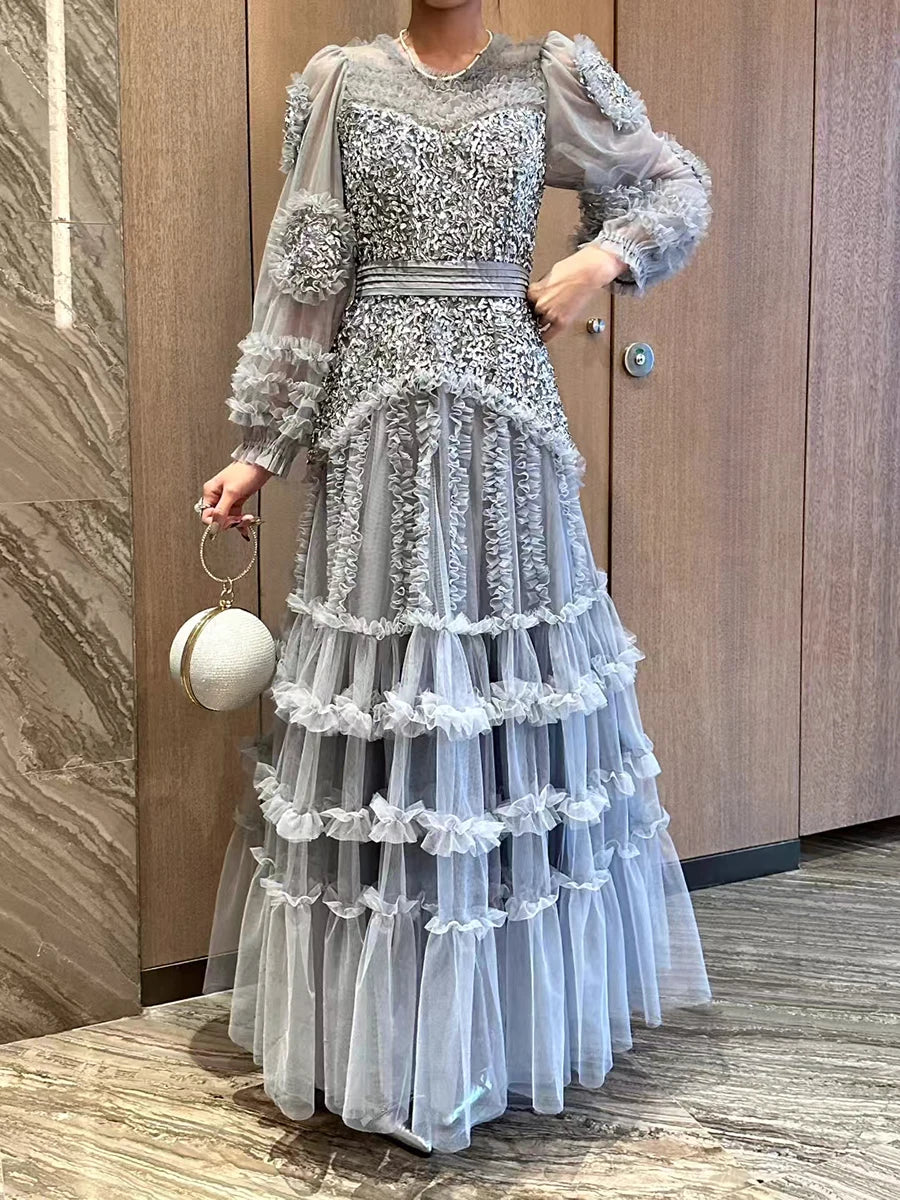 Solid Spliced Bead Luxurious Dresses for Women O Neck Long Sleeves High Waist Sheer Patchwork Fungus Dress Female