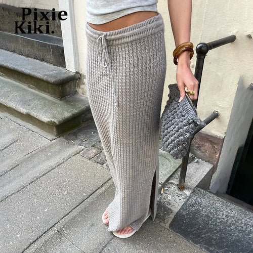 Load image into Gallery viewer, Grey Knitted Drawstring Split Long Skirts Fall Winter Clothes 2024 Women Elegant Maxi Skirt P84-DC50
