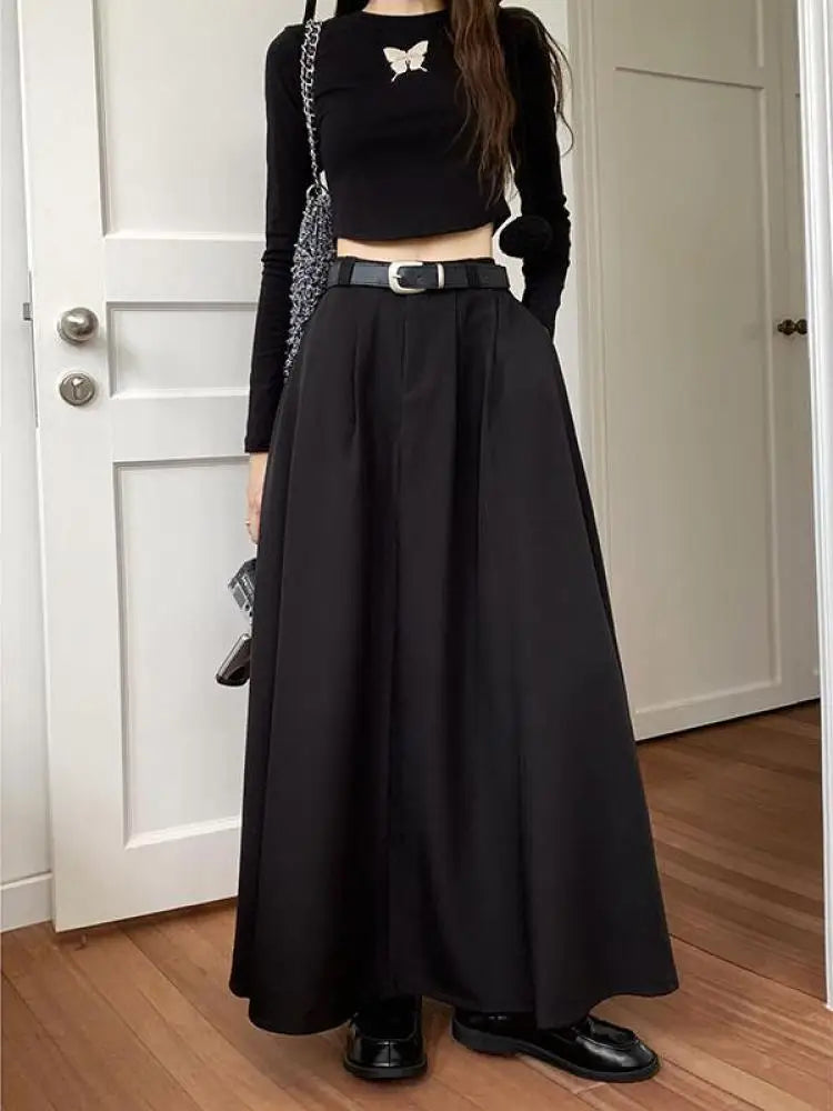 Korean Black High Waist Pleated Woman Grey Suit Skirt Female 2023 Autumn Ladies Casual Fashion Beige Festival A-line Long Skirts