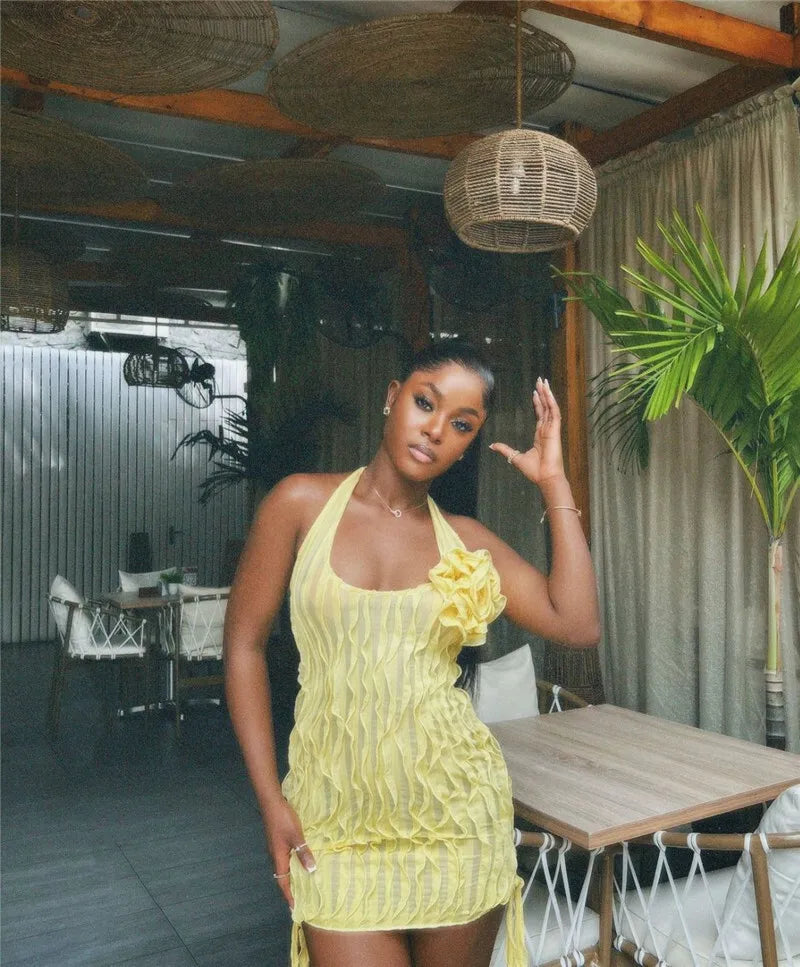 Halter Floral Pleated Sexy Mini Dress For Women Robe Fashion Sleeveless Backless Draped Club Party Dress Elegant