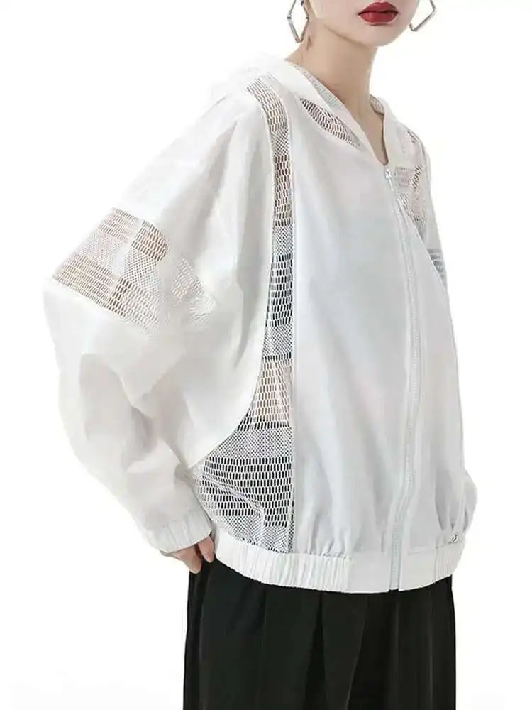White Mesh Perspective Big Size Thin Jacket New Hooded Long Sleeve Women Coat Fashion Tide Spring Autumn 2025 1DH6562