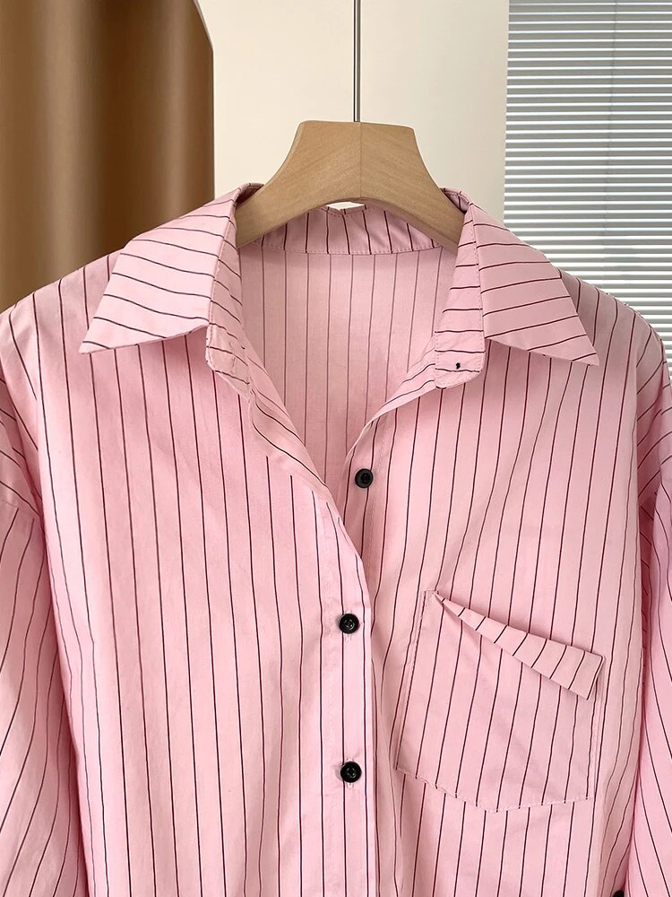 Casual Striped Shirts For Women Lapel Long Sleeve Patchwork Single Breasted Loose Blouse Female Fashion Clothing