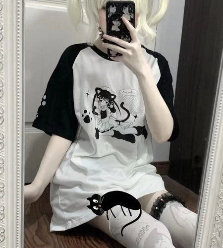 Shirts for Women Cute Tshirts Fashion Summer Japanese Tees Casual Anime Print Oversized Tops Contrast Color Y2k T-shirt