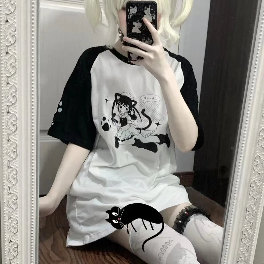 Shirts for Women Cute Tshirts Fashion Summer Japanese Tees Casual Anime Print Oversized Tops Contrast Color Y2k T-shirt