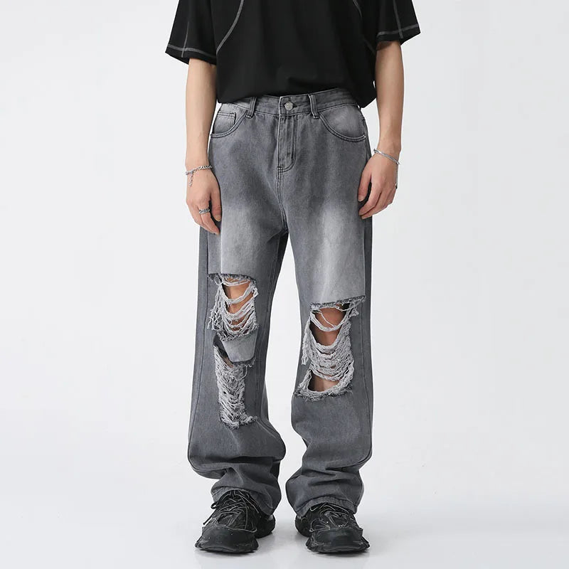 High Street Style Men's Ripped Jeans Trend Loose Hole Straight Wide Leg Pants Male Solid Color Denim Trousers 9A7544