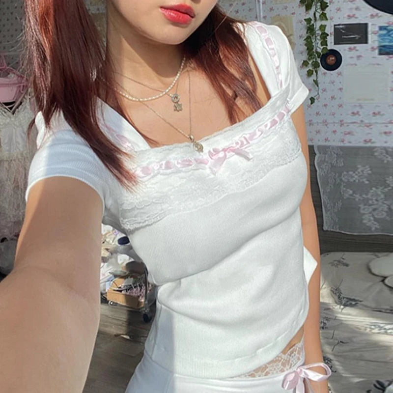 Coquette White Sweet Crop Top Women Lace Spliced Slim Korean Style Summer T shirt Tie Up Bow Kawaii Mini Tees Clothes