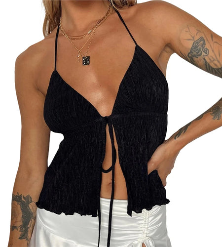 Summer Crop Top y2k Aesthetic Women Solid Color Spaghetti Strap Sleeveless Lace Up Bandage Tanks Halter Vest Streetwear