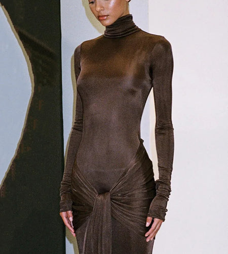 Turtleneck Long Sleeve Maxi Dress For Women Fashion Irregular Bodycon Long Dress Femme Temperament Evening Dress