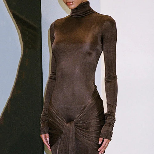 Load image into Gallery viewer, Turtleneck Long Sleeve Maxi Dress For Women Fashion Irregular Bodycon Long Dress Femme Temperament Evening Dress
