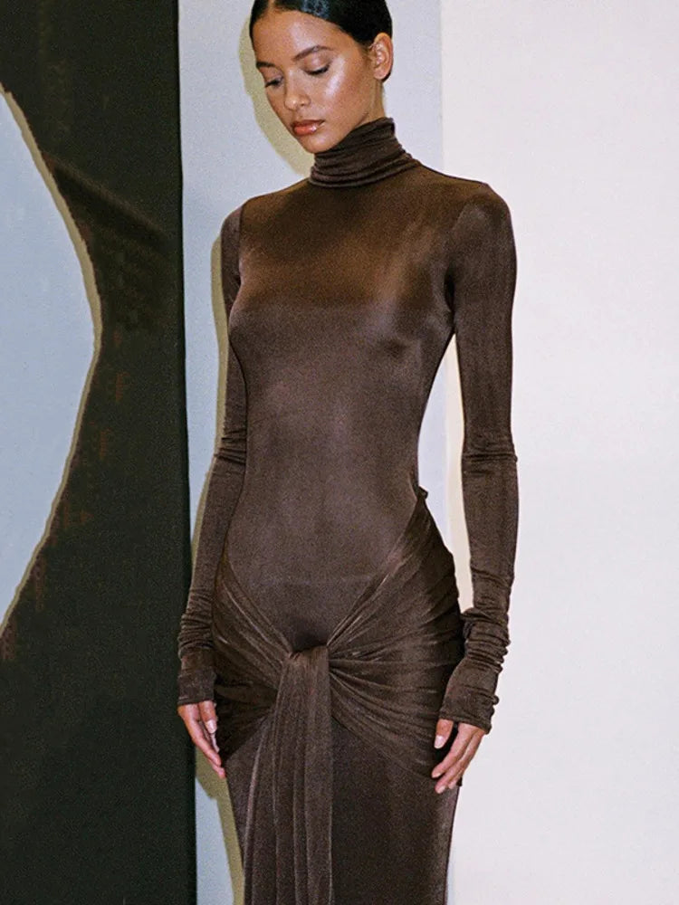 Turtleneck Long Sleeve Maxi Dress For Women Fashion Irregular Bodycon Long Dress Femme Temperament Evening Dress