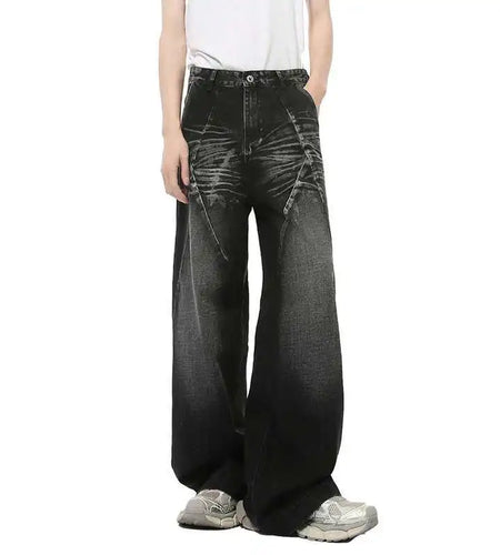 American Style Men's Denim Pants Washed Cat Whisker Three-dimensional Patchwork Straight Leg Streetwear Male Jeans 9C8202