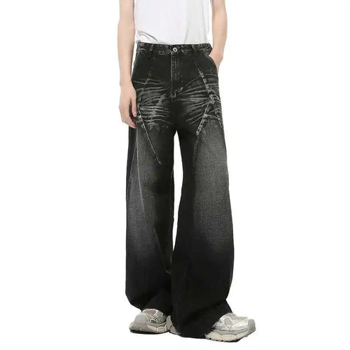 Load image into Gallery viewer, American Style Men's Denim Pants Washed Cat Whisker Three-dimensional Patchwork Straight Leg Streetwear Male Jeans 9C8202
