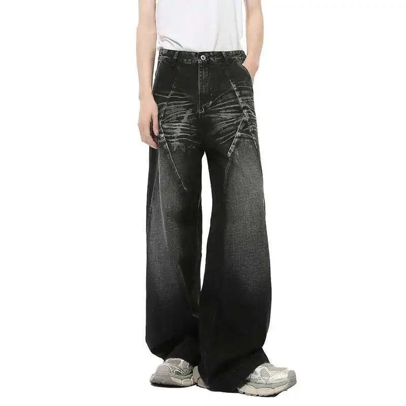 American Style Men's Denim Pants Washed Cat Whisker Three-dimensional Patchwork Straight Leg Streetwear Male Jeans 9C8202