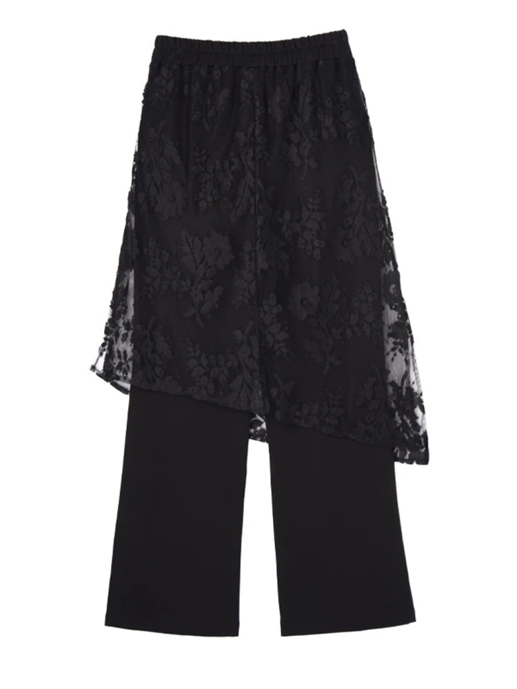 High Elastic Waist Black Lace Irregular Long Wide Leg Pants New Trousers Women Fashion Tide Spring Autumn 2025 1DJ1094