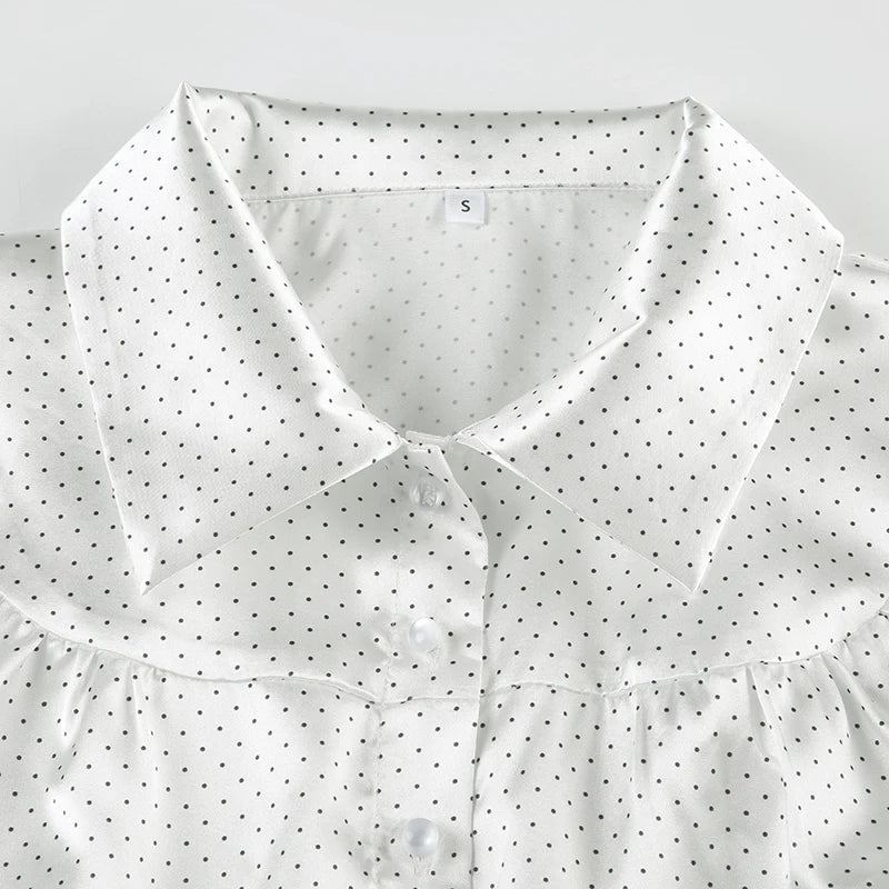 Fashion Polka Dot Printed Satin White Shirts Women Elegant Back Lace-Up Button-Fly Blouse Summer Short Sleeve Top New