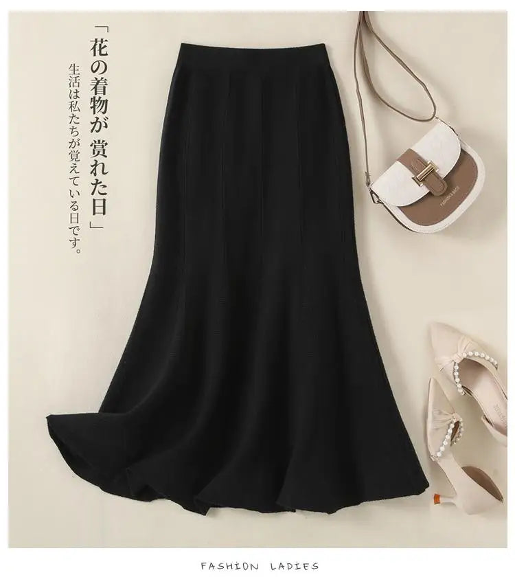 Korean Fashion Autumn Winter Warm Women Solid Knitted Wrapped Hip Long Skirts High Waist A-line Pleated Skirt 2024 New Versatile