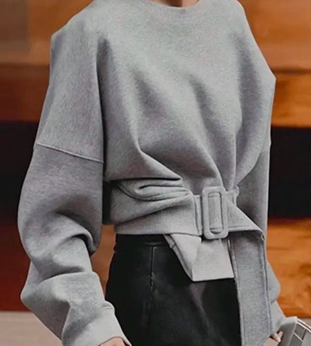 Winter Fall Women's Sweatshirts Tops 2025 Gray Belt Buckle Round Neck Long Sleeves Hoodies Pullovers Female Spring