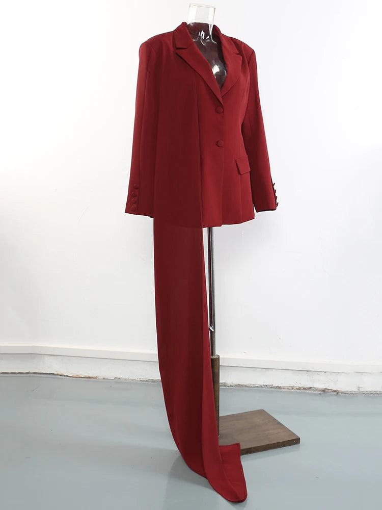 Women Red Irregular Scarf Spliced Elegant Blazer New Lapel Long Sleeve Jacket Fashion Tide Spring Autumn 2025 CPDB330