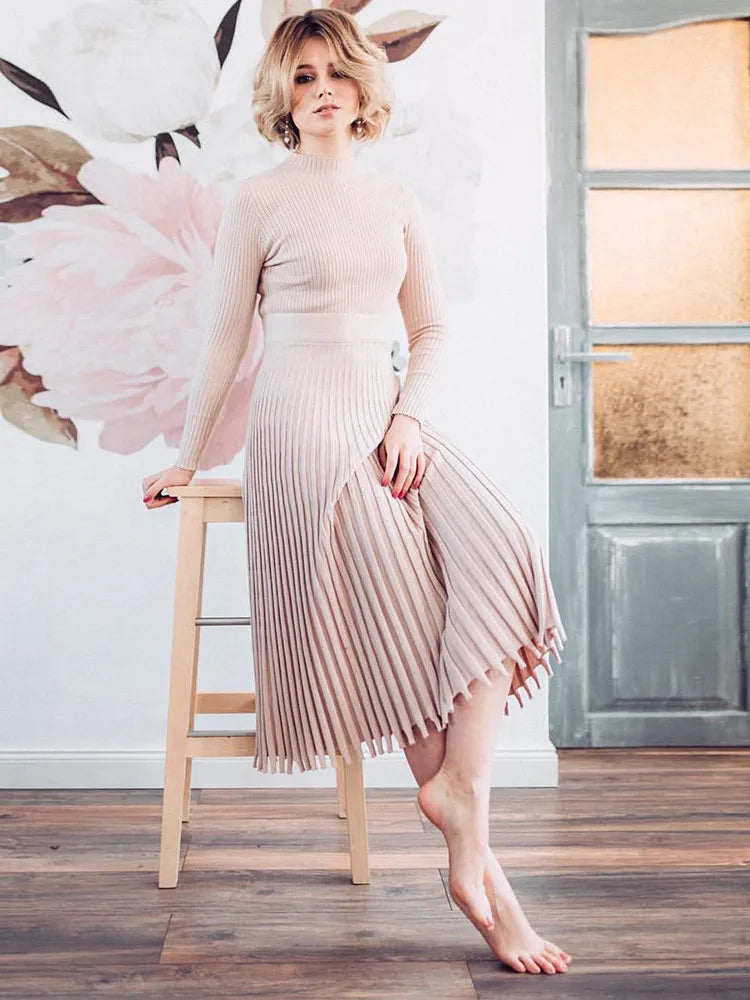 Women Knitted Long Dress Ribbed Elegant Midi Bodycon Sweater Dress Official Ladies Bandage Pleated Dresses Streetweear