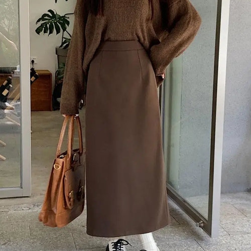 Load image into Gallery viewer, Autumn Brown Woolen Straight Long Skirts Women Black Casual Elegant Females Warm A-line Elastic High Waist Skirt Korean Fashion
