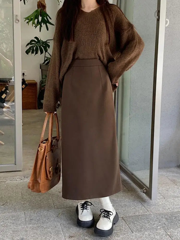 Autumn Brown Woolen Straight Long Skirts Women Black Casual Elegant Females Warm A-line Elastic High Waist Skirt Korean Fashion