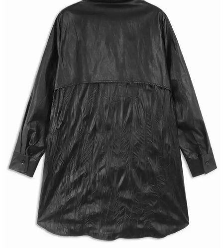 Women Black Pu Leather Pleated Big Size Mini Shirt Dress New Lapel Long Sleeve Fashion Tide Spring Autumn 2025 1DH7337