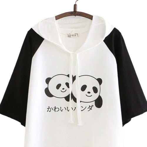 Load image into Gallery viewer, Women Cartoon Panda Print Funny T Shirts With Ears On Hood Summer Cotton Hooded  Shirt Casual Short Sleeve Cute
