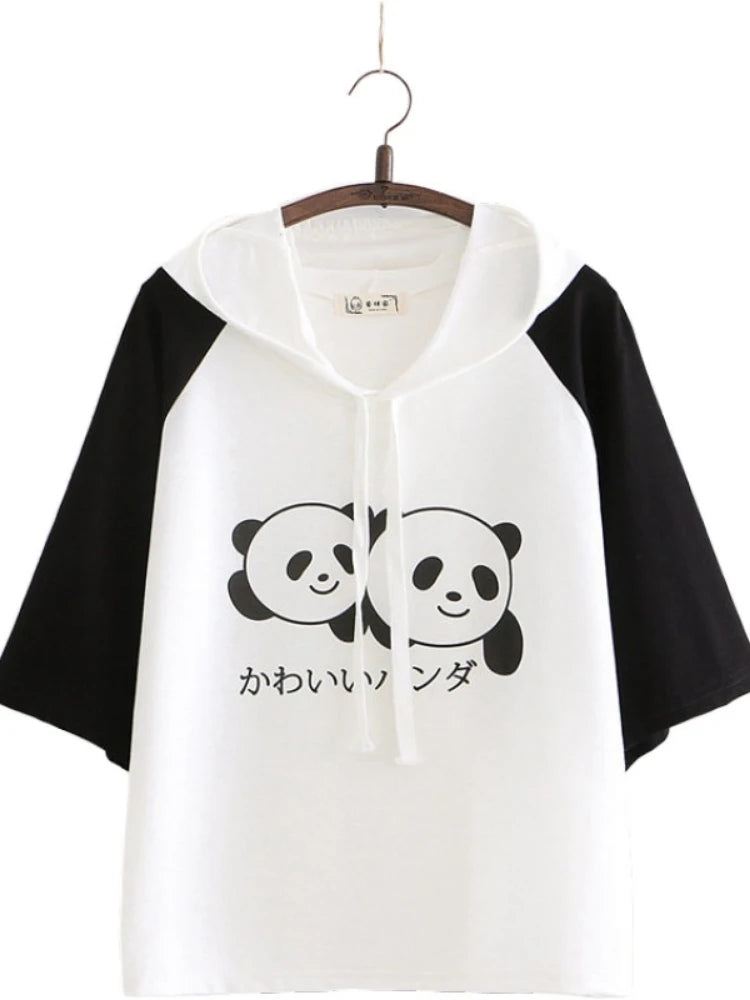 Women Cartoon Panda Print Funny T Shirts With Ears On Hood Summer Cotton Hooded  Shirt Casual Short Sleeve Cute