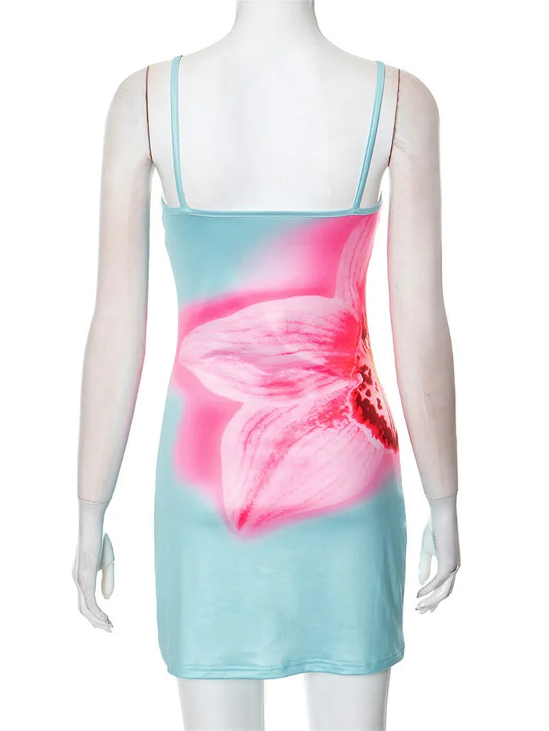 Spaghetti Strap Floral Print Sexy Mini Dress For Women Robe Fashion Elegant Sleeveless Backless Summer Beach Dress