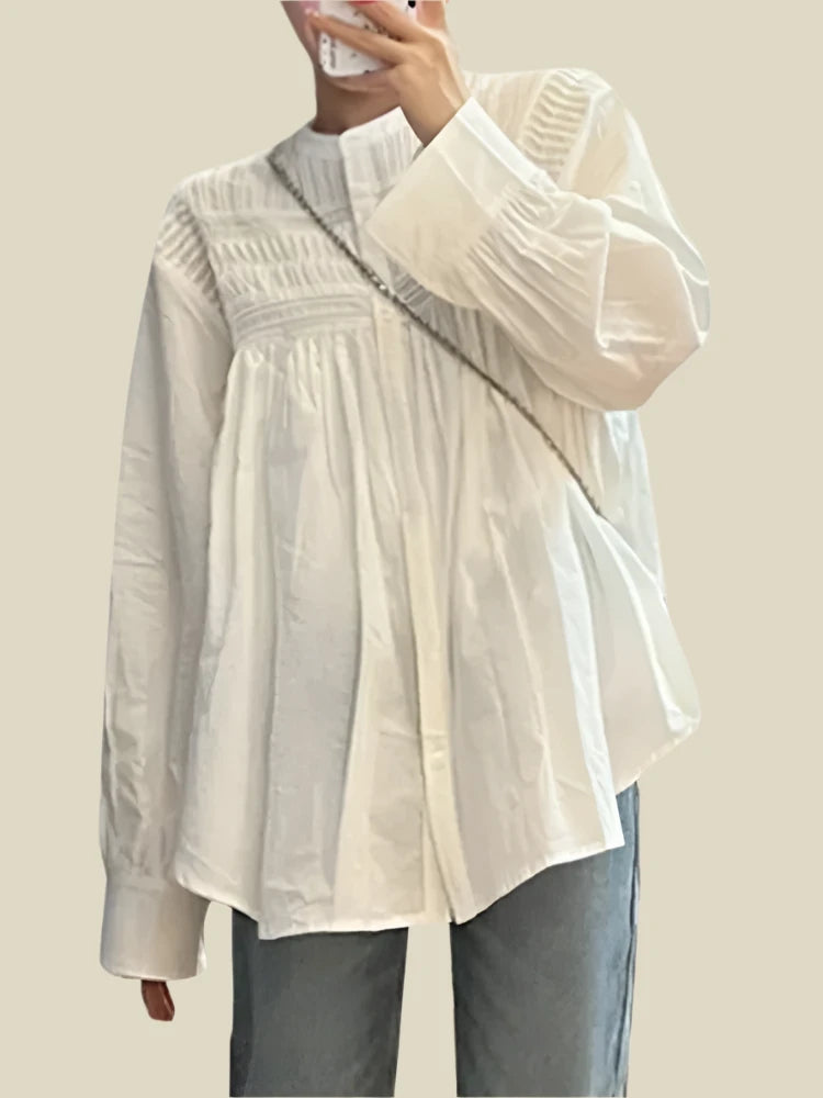 Casual Pleated White Women Shirt Office Lady Lantern Sleeve Single Breasted Solid Color French Style Fashion Female Shirt